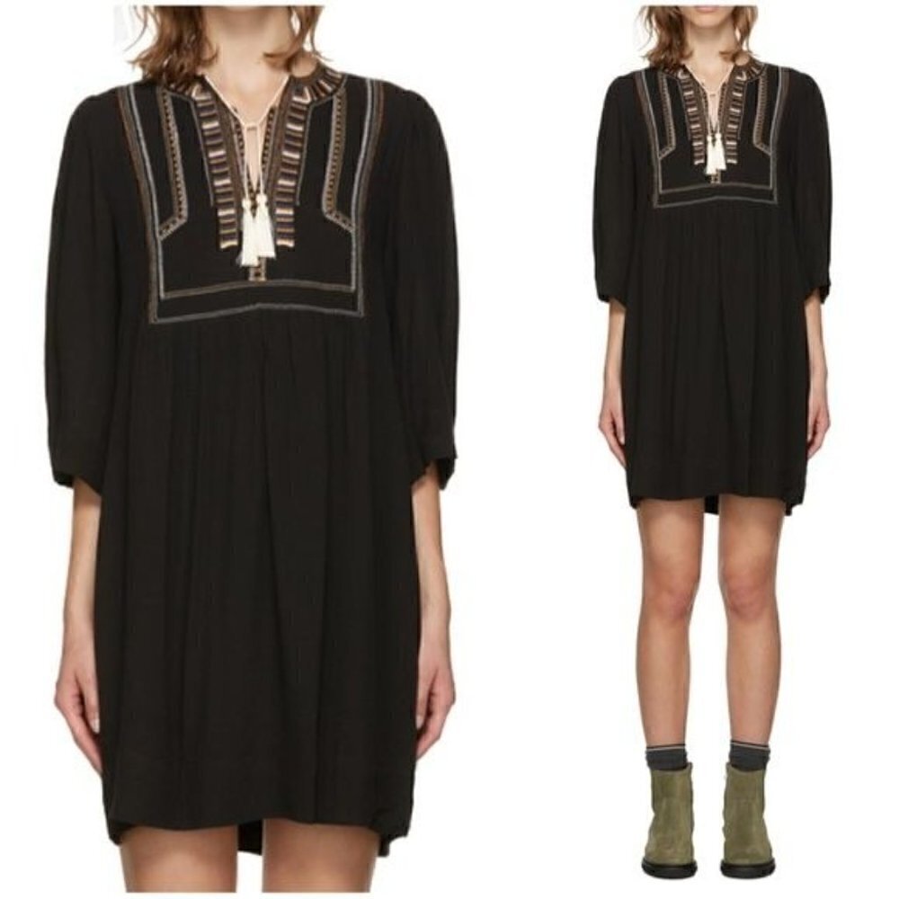 ISABEL MARANT ETOILE Black Clara Dress with Embroideries and tassel